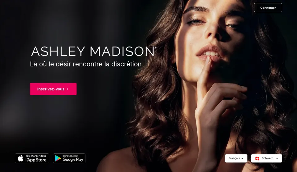 Ashley Madison avis, capture d’écran: page d’accueil suisse en français, «Là où le désir rencontre la discrétion»