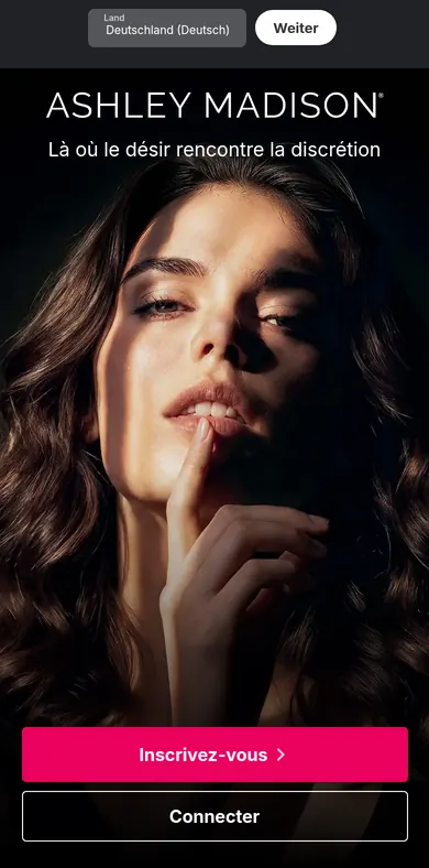 Ashley Madison avis, capture d’écran sur mobile: l’accueil avec les boutons Inscrivez-vous et Connecter