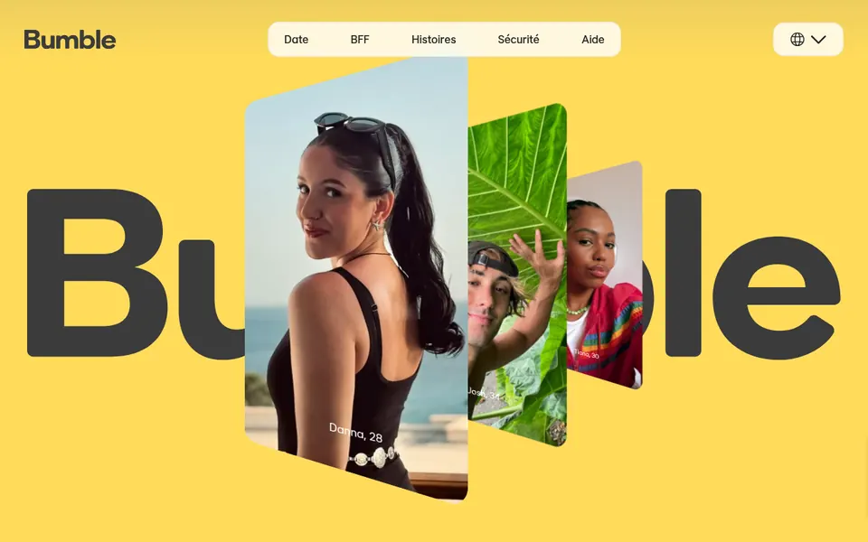 Bumble avis, capture d’écran: page d’accueil en français avec les menus Date, BFF et Sécurité
