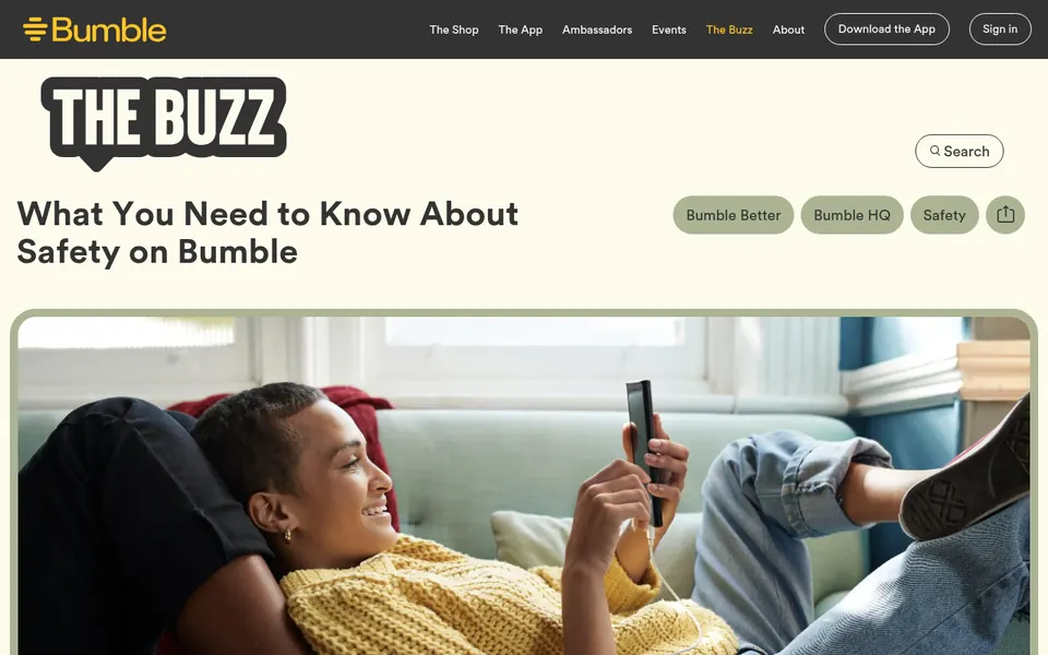 Bumble avis, capture d’écran: la page de conseils de sécurité du blog The Buzz (en anglais)