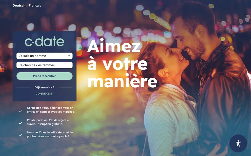 C-Date avis, capture d’écran: page d’accueil de fr.c-date.ch en français, avec le formulaire «Je suis un homme / Je cherche des femmes» et l’inscription gratuite
