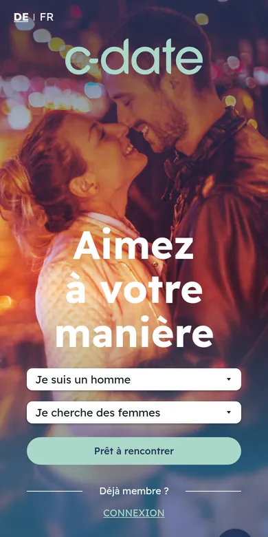 C-Date avis, capture d’écran sur mobile: l’accueil suisse en français et le bouton «Prêt à rencontrer» sur un écran de téléphone