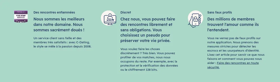 C-Date avis, capture d’écran: la section discrétion de fr.c-date.ch, pseudo pour préserver sa vie privée et mesures contre les faux profils