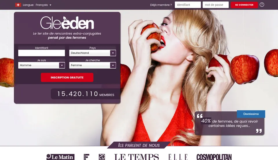 Gleeden avis, capture d’écran: page d’accueil avec le formulaire d’inscription gratuite et le nombre de membres