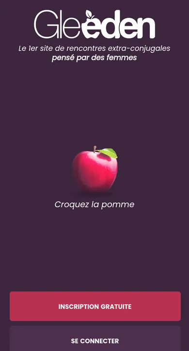 Gleeden avis, capture d’écran sur mobile: l’accueil avec la pomme, Inscription gratuite et Se connecter