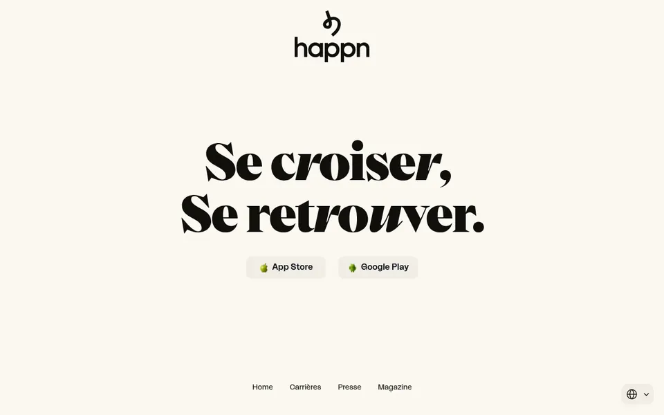 happn avis, capture d’écran: page d’accueil en français, «Se croiser, se retrouver», avec les liens App Store et Google Play