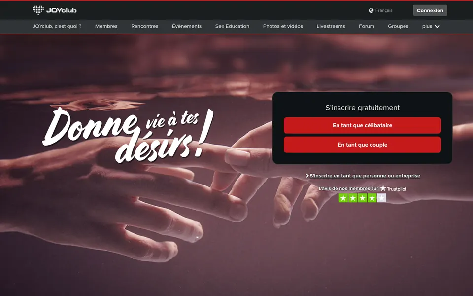 JOYclub avis, capture d’écran: page d’accueil de joyclub.com en français, avec l’inscription gratuite en solo ou en couple