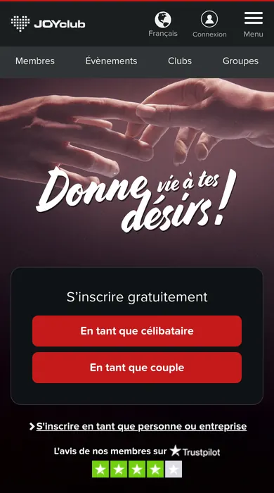 JOYclub avis, capture d’écran sur mobile: la page d’accueil et les boutons d’inscription sur un écran de téléphone
