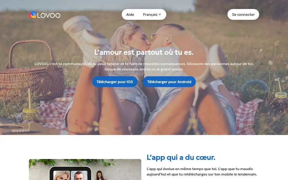 LOVOO avis, capture d’écran: page d’accueil en français avec les liens vers l’appli iOS et Android