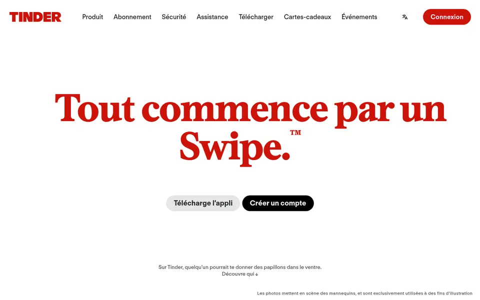 Tinder avis, capture d’écran: page d’accueil en français avec Créer un compte et Télécharge l’appli