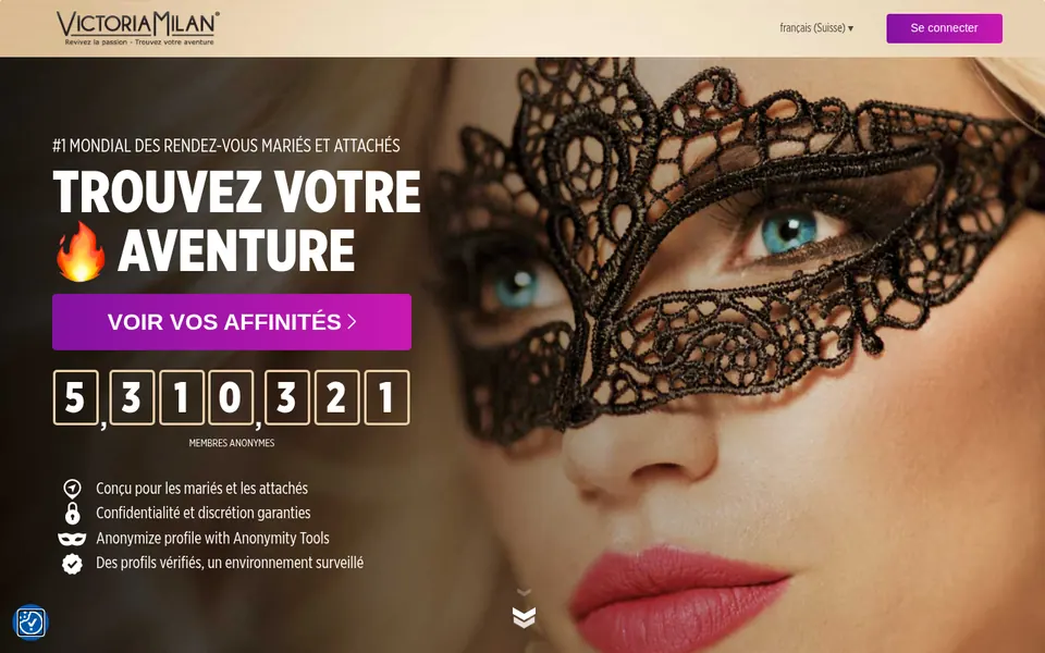 Victoria Milan avis, capture d’écran: page d’accueil en français, rencontres pour personnes en couple et compteur de membres anonymes